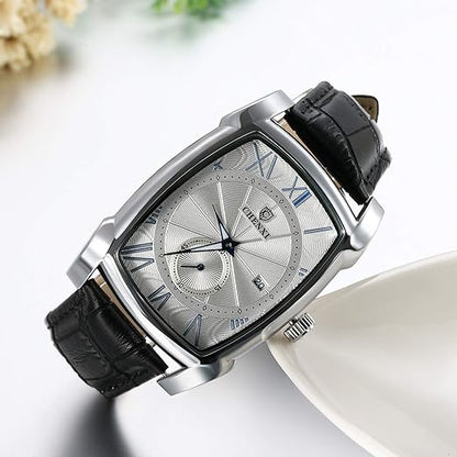 Montre À Quartz Carrée Pour Homme Avec Calendrier Et Bracelet En Cuir Véritable