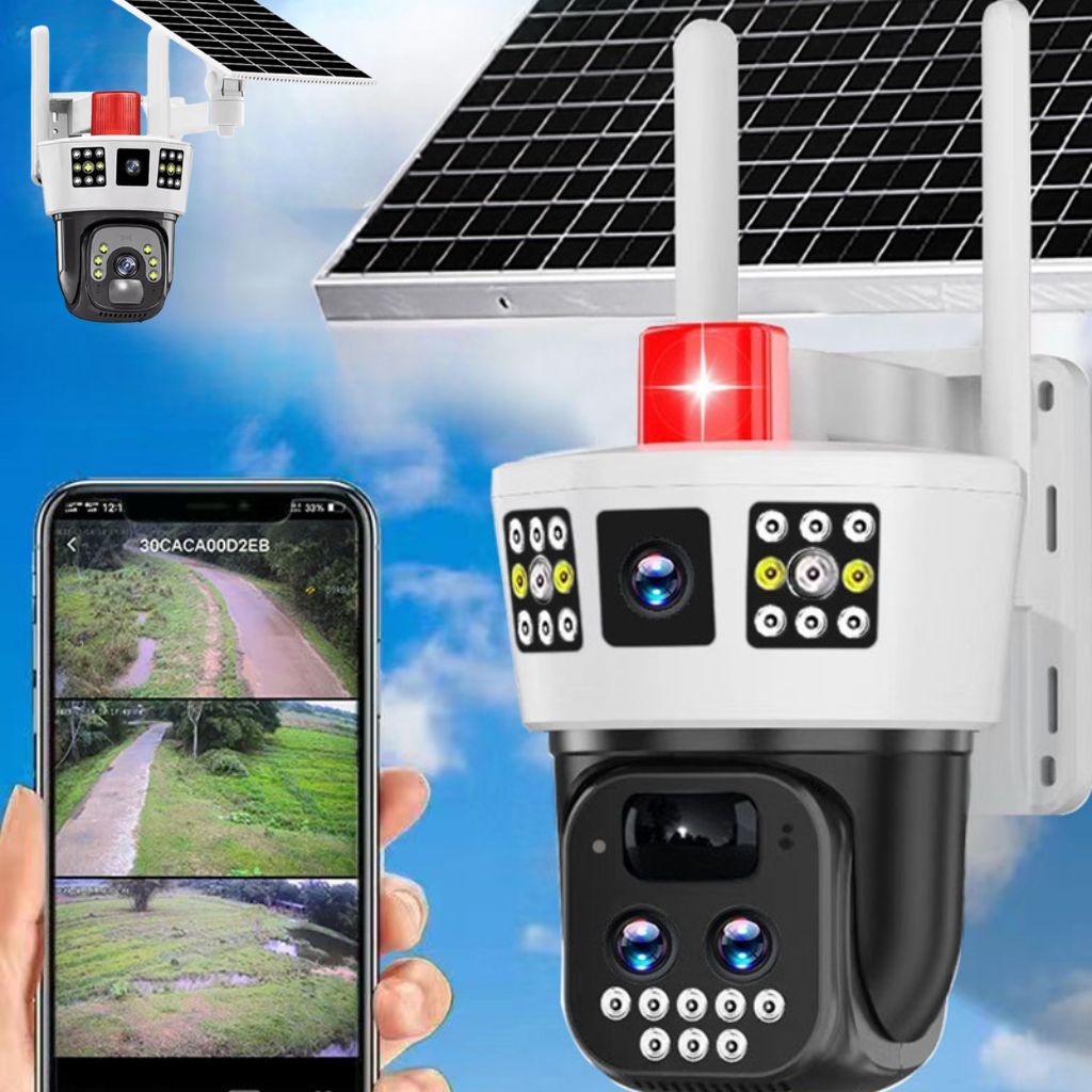 Caméra de Surveillance Solaire à 3 objectifs - 360° Sans Angle Mort