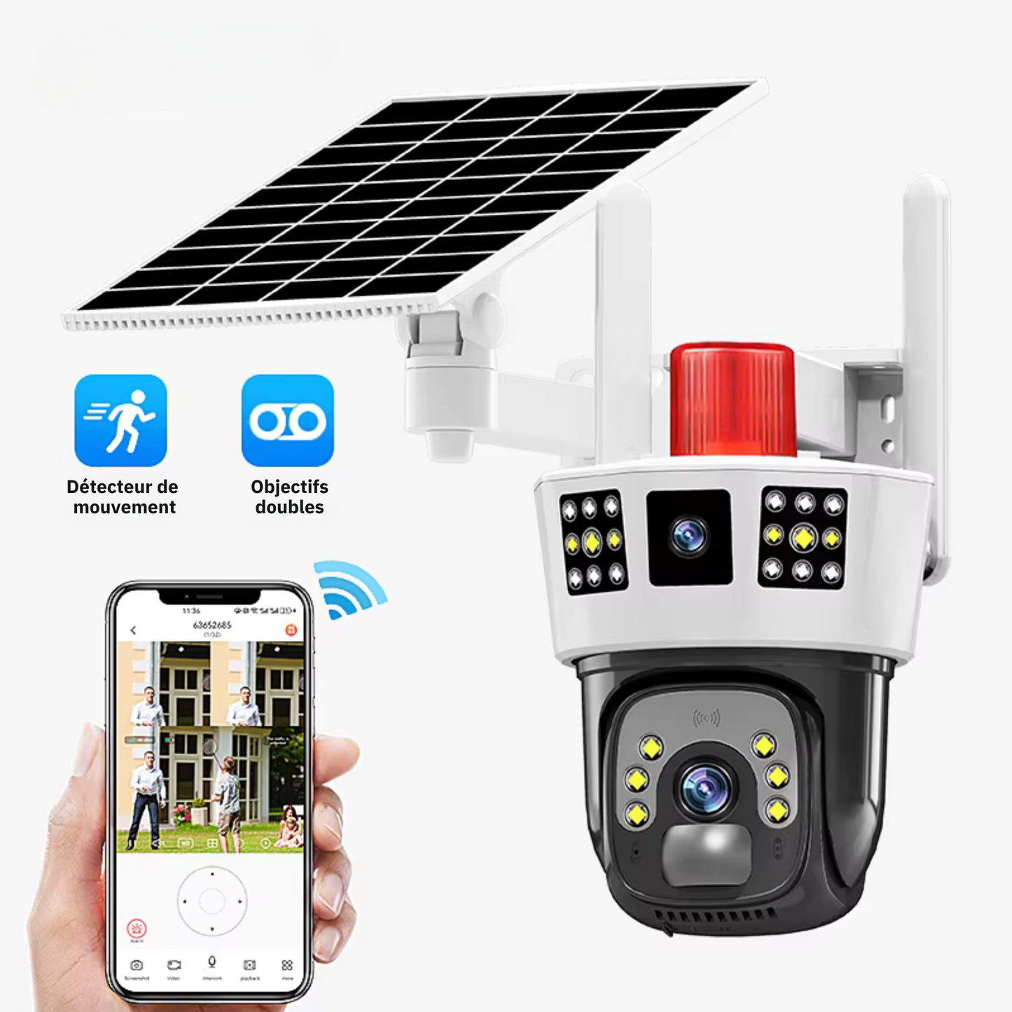 Caméra de sécurité solaire extérieure  - 4G, 12 MP 6K, 3 écrans, 2 caméras, vue 360°