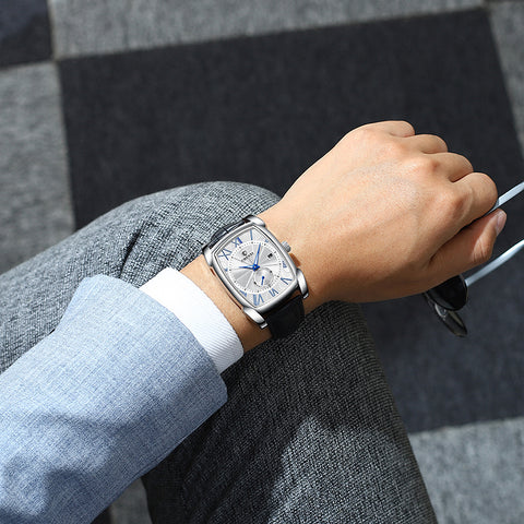 Montre À Quartz Carrée Pour Homme Avec Calendrier Et Bracelet En Cuir Véritable